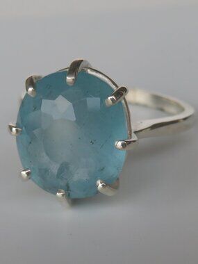 Large Natural Blue Aquamarine In Sterling Silver Ring, 8.22Ct. Size 8